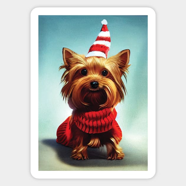 Christmas Yorkshire Terrier in a Festive hat and sweater Sticker by Geminiartstudio